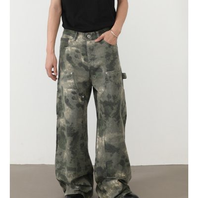 Men’s retro camouflage utility jeans – loose fit multi-pocket straight-leg overalls