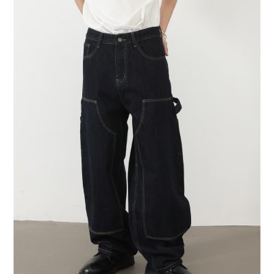 Men’s raw denim overalls – loose fit scimitar cut with multi-pocket patchwork design
