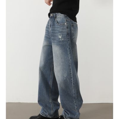 Men’s washed ripped wide-leg jeans – loose fit high-end casual denim pants