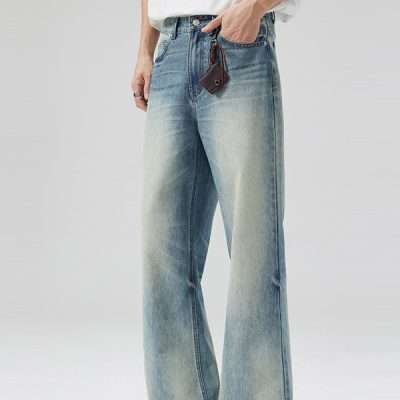 Men's Washed Distressed Blue Gradient Flared Jeans - Front View