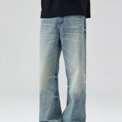Unisex Washed Distressed Flared Jeans - Front View