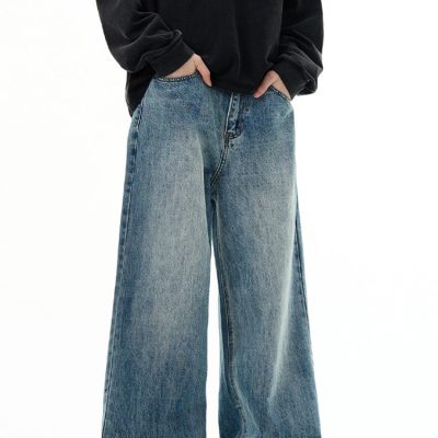 Men's blue washed straight leg denim jeans – classic fit casual style