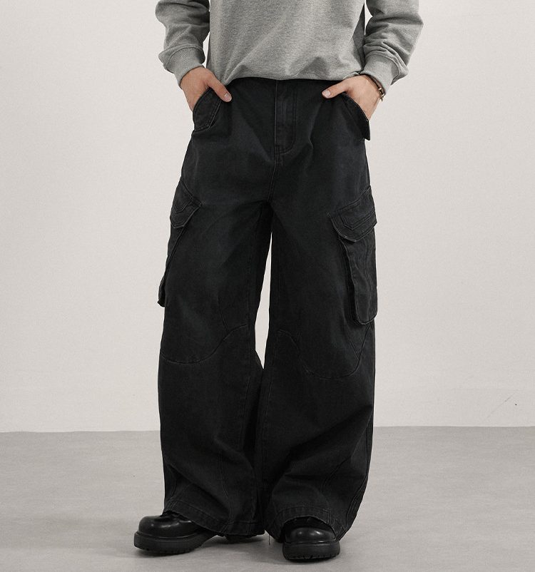 Wholesale Loose Retro Denim Cargo: Custom American Washed Silhouette Trousers (Unisex Fit)